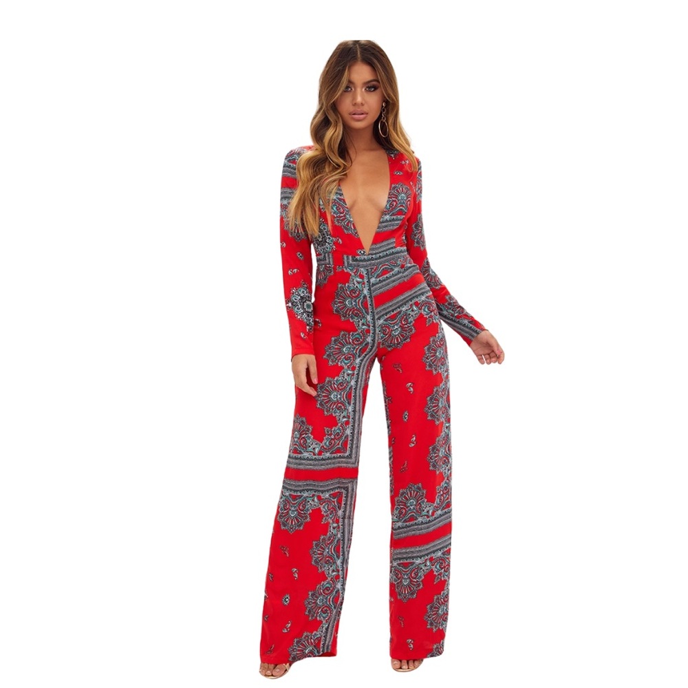 Red Scarf Print Long Sleeve Plunge Jumpsuit - Size 10 US — WORN ONCE
